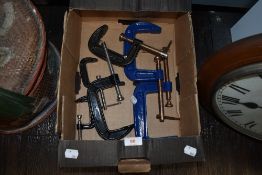 Six assorted cast metal wood workers G clamps