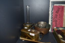 A copper mixing bowl a chase worked beaker a chamber stick and oiler can AF