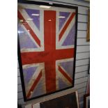A framed Union Jack flag screen print on cotton back,signs of age possibly early 20th