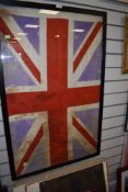 A framed Union Jack flag screen print on cotton back,signs of age possibly early 20th