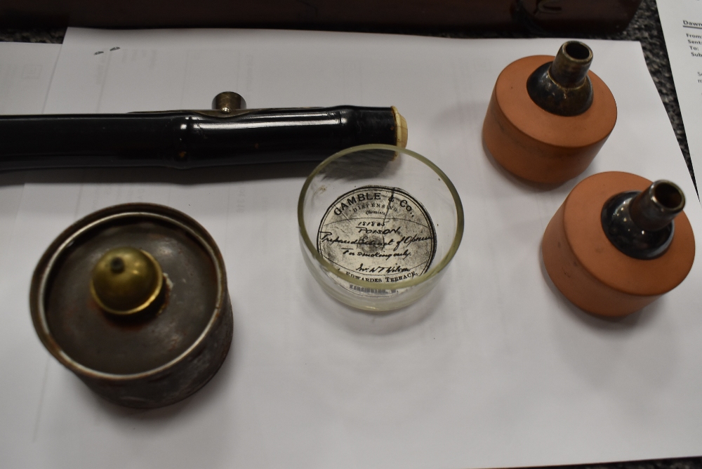 A 19th century opium smokers pipe in fine fitted mahogany case with accessories and bamboo shafted - Image 2 of 9