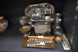 A selection of plated wares including dressing table items, tray, goblets and more.