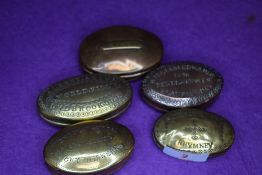 Five antique and 19th century brass Snuff or pill box including Lydbrook Rhymney Llanfair and