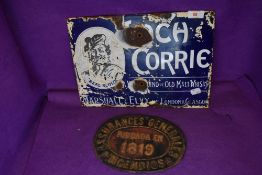 Two antique advertising signs including Assurances General 1819 pressed metal sign and similar