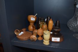 A good selection of various hand made wood turned snuff containers and similar wooden measures