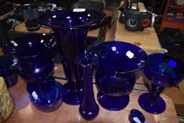 A fine selection of deep blue Bristol blue art glass in various forms