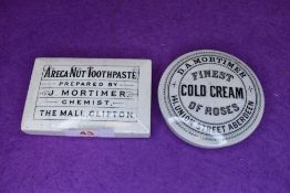Two antique late 19th century paste pot lids including Areca Nut Toothpaste and Mortimer Finest Cold