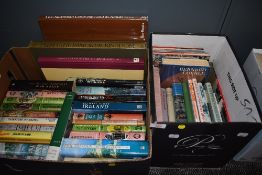 Two boxes of hard back text and reference books including geographical and railway interest