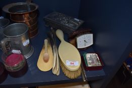 A miscellany of items including shoe horns, Smiths travel clock, Brooch with Lupin decoration,a