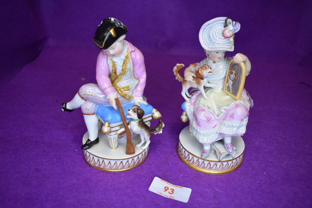 Two 18th century porcelain figures by Meissen including Girl with dog and mirror and Boy with Dog