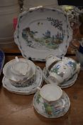 An assortment of Bell china having transfer pattern of cottage and foliage, accented with blue,red,