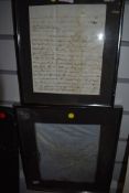 Two framed and glazed hand written documents in ochre