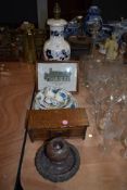 A miniature oak model kist some Masons regency ceramics and a lamp base