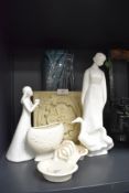 A selection of ceramics including Royal Doulton Images figures and a large square form blue and