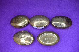 Five brass cast late 18th century snuff or pill box or cases including Vaughan Wrexham Abercwmboi