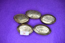 Five late 19th century snuff pill or similar boxes including Joiner Newtown Nazareth and Trealaw