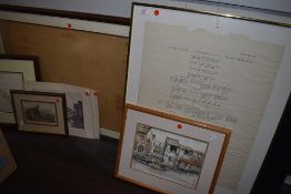 A selection of various prints and original art work including Map of Java architectural and family
