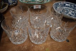 A set of six cut glass whiskey tumblers bearing etched lion mark to base possibly Kosta Boda