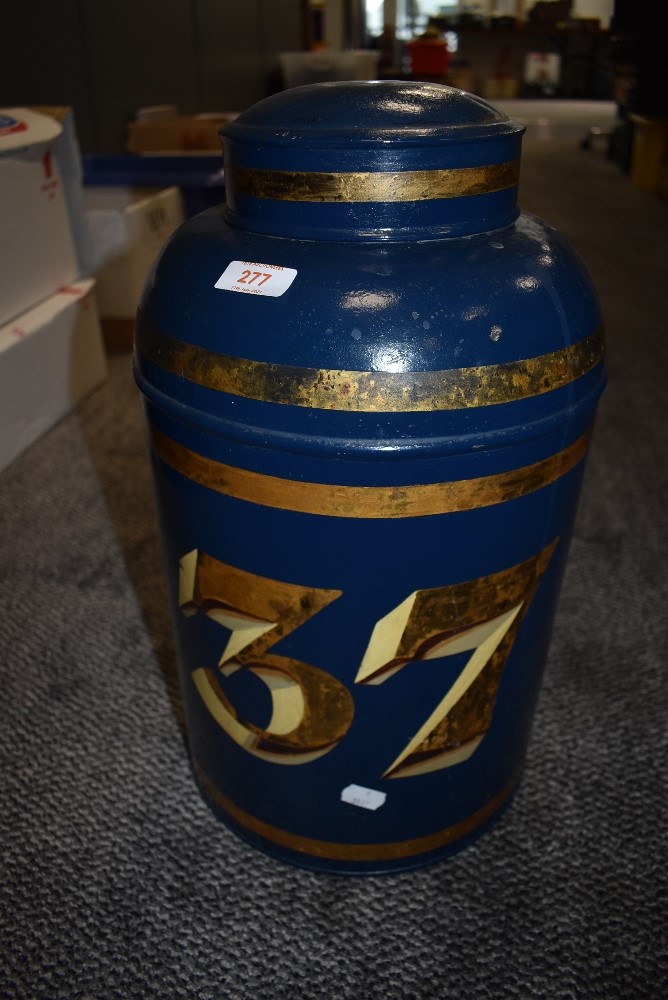 A large Victorian coffee or tea tin painted dark blue with number 37