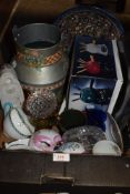 A mixed box of items including ceramicsfondue set and glass.