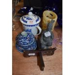 A mixed lot of oriental items including carved stone or mineral receptacle,figurine and lidded cup.