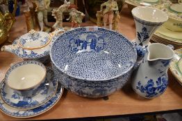 A selection of blue and white wear ceramics including Woods Burslem Manchu and Adams