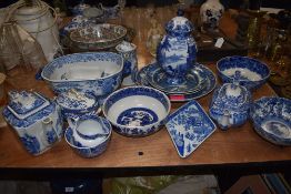 A selection of blue and white wear ceramics including Masons and Spode