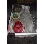 A mix of vintage glass including vaseline glass bowl with holder,Whitefriars bud vase,cheese dish,