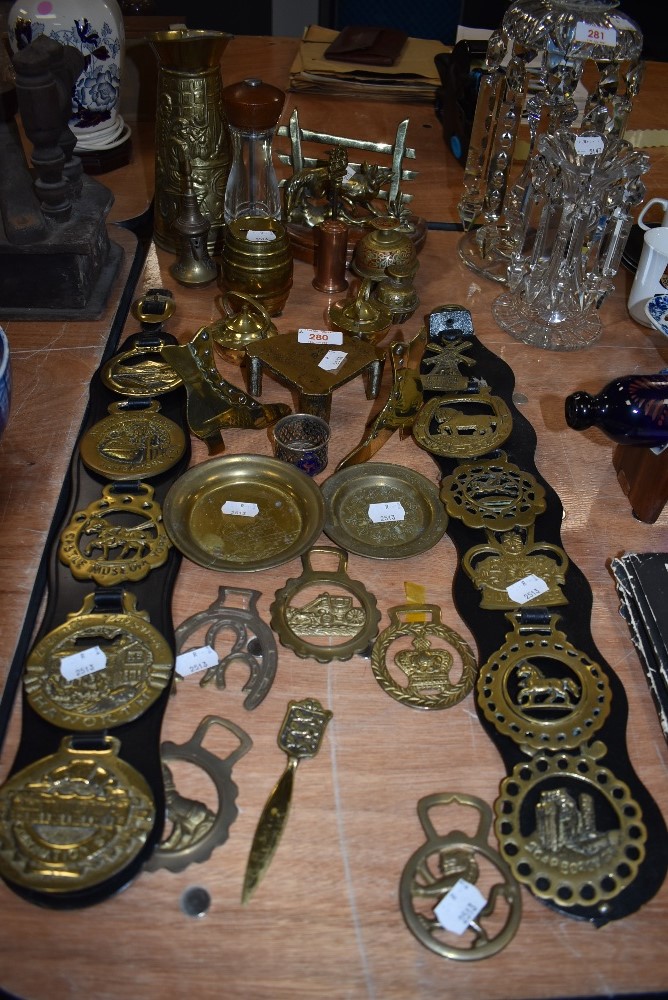 A selection of brass wares and horse brass show badges also fox letter rack