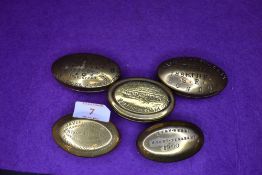 Five brass cast antique snuff or pill box or containers including Mount Pleasant Nixon Villia London