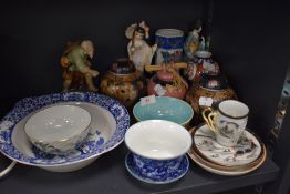 A mixed collection of oriental and oriental styled ceramics including figurines,ginger jars bowls