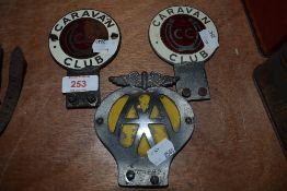 Two caravan club motor car hood badges and a similar AA engine badge