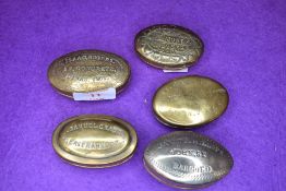 Five 19th century brass snuff or pill container or box including Steelworks Concrete Bargoed Butcher