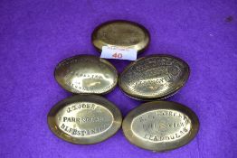 Five brass cast snuff or pill case including Merchant Carpenter and Mason