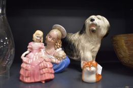 Four ceramic figurines including English sheep dog Royal Doulton Rose Jesus Christ and decorated