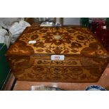 An antique writers compendium or lockable case having extensive Arts and Crafts style veneer inlay
