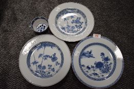 Three late 19th century blue and white Chinese export porcelain plates one being decorated with