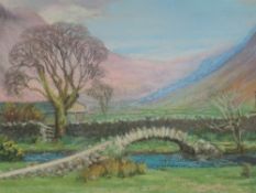 A pastel sketch, Celia Lockley, Packhorse Bridge Wasdale, signed, 20 x 31cm, plus frame and glazed