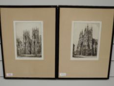 A pair of etchings, after Arthur Spence, Cathedrals, signed, 22 x 15cm, plus frame and glazed