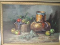 An oil painting, Jean Farnby, still life, indistinctly signed, 51 x 77cm, plus frame