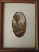 An oil painting, Tassinari, oval study, river cottage, signed, 12 x 8cm, plus frame and glazed