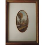 An oil painting, Tassinari, oval study, river cottage, signed, 12 x 8cm, plus frame and glazed