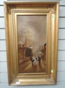 An oil painting, L A Tollady, village street scene, 49 x 24cm, plus frame