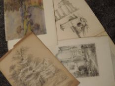 A selection of sketches, inc, a watercolour, Swainson, Towing path at Lancaster, 24 x 28cm,