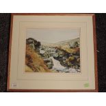 A watercolour, Donald Dakeyne, Waterfall Tarn Brook Fell, signed, 28 x 28cm, plus frame and glazed