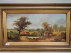 A pair of oil paintings, rural landscapes, 28 x 59cm, plus frame