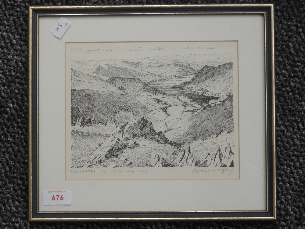 A print, after Alfred Wainwright, Ullswater from St Sunday Crag, signed, 17 x 21cm, plus frame and