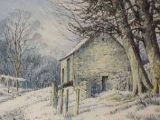 A watercolour, J Ingham Riley, barn in snow, signed, 21 x 36cm, plus frame and glazed