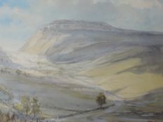 A watercolour, Barbara Tomlinson, Ingleborough from Crina Bottom, signed and attributed verso, 25