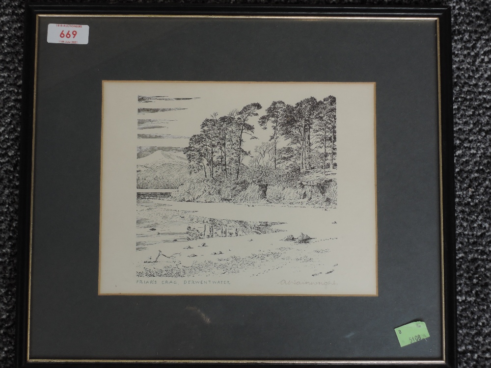 A print, after Alfred Wainwright, Friar's Crag Derwentwater, signed, 18 x 23cm, plus frame and
